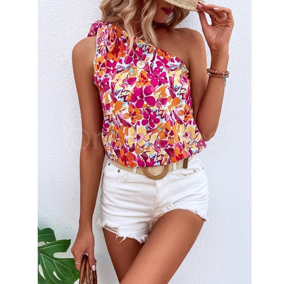 One Shoulder Tie Floral Print Bright Summer Top - Picture 3 of 9